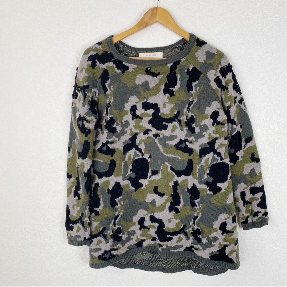 Zara Knit Green Camouflage Wool Blend Beaded Pullover Sweater